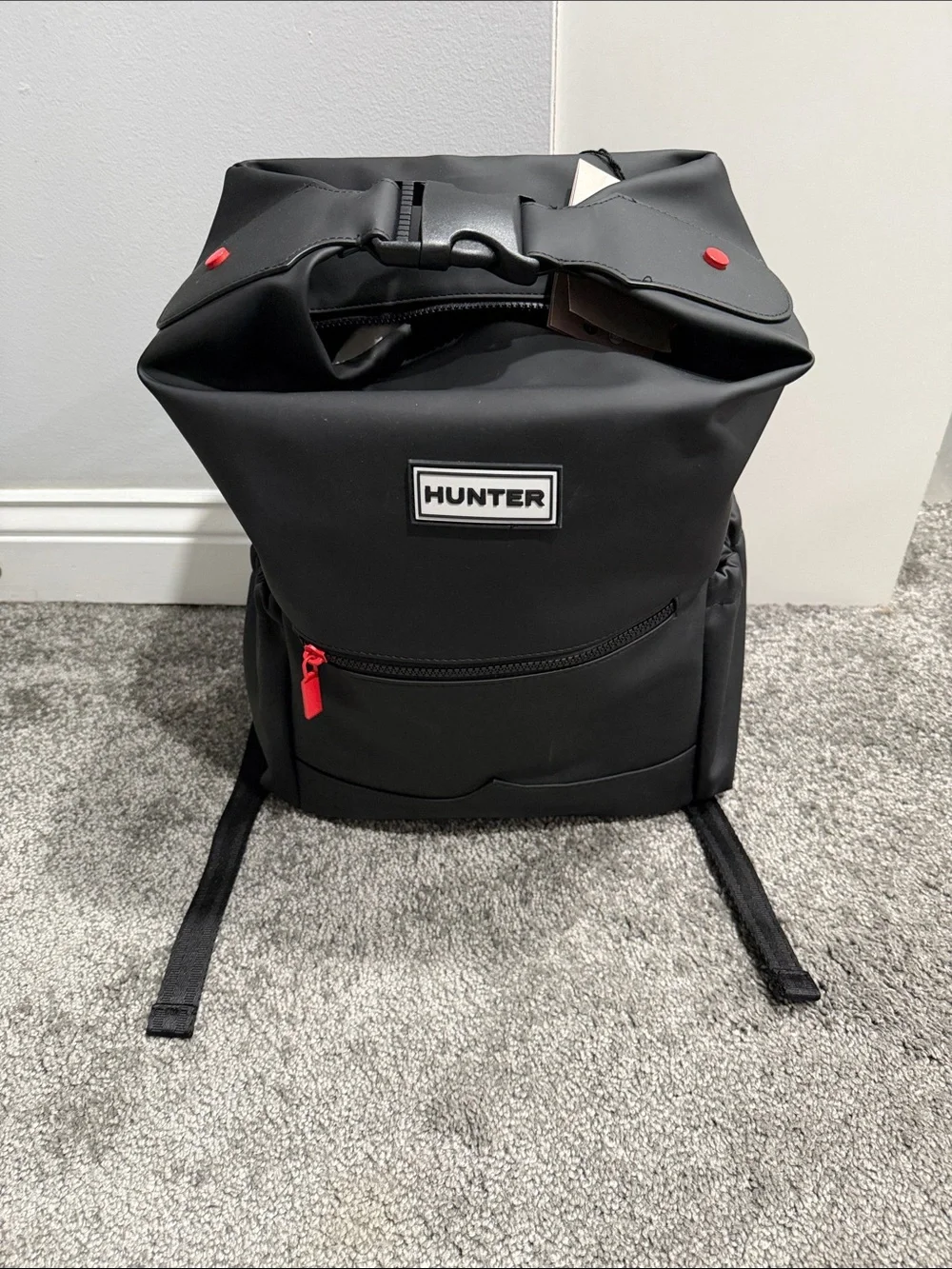 Hunter Black Roll-Top Backpack with Red Accents